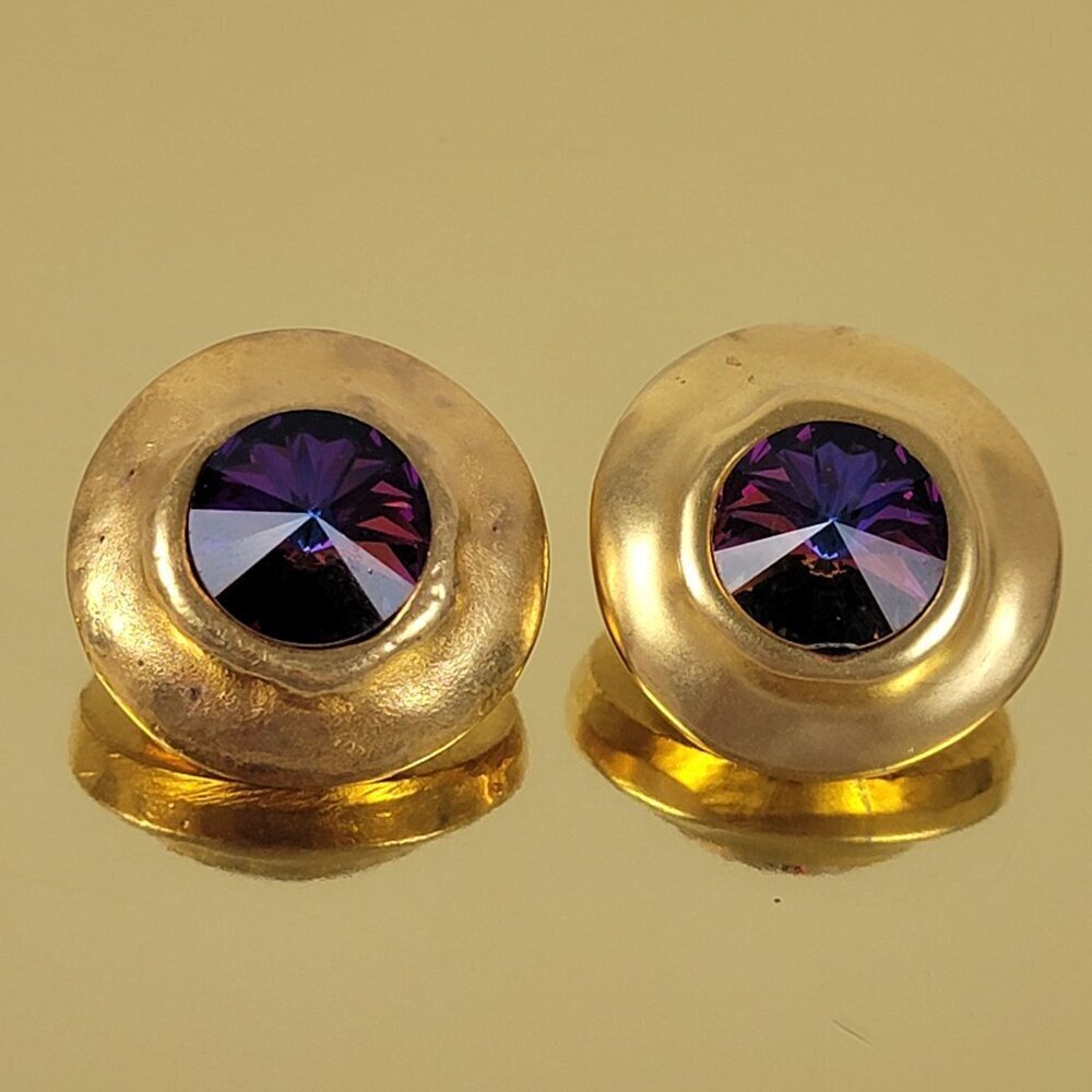 Gold-Tone Purple Aurora Borealis Crystal Stud Clip-On Earrings 1.25 In Round